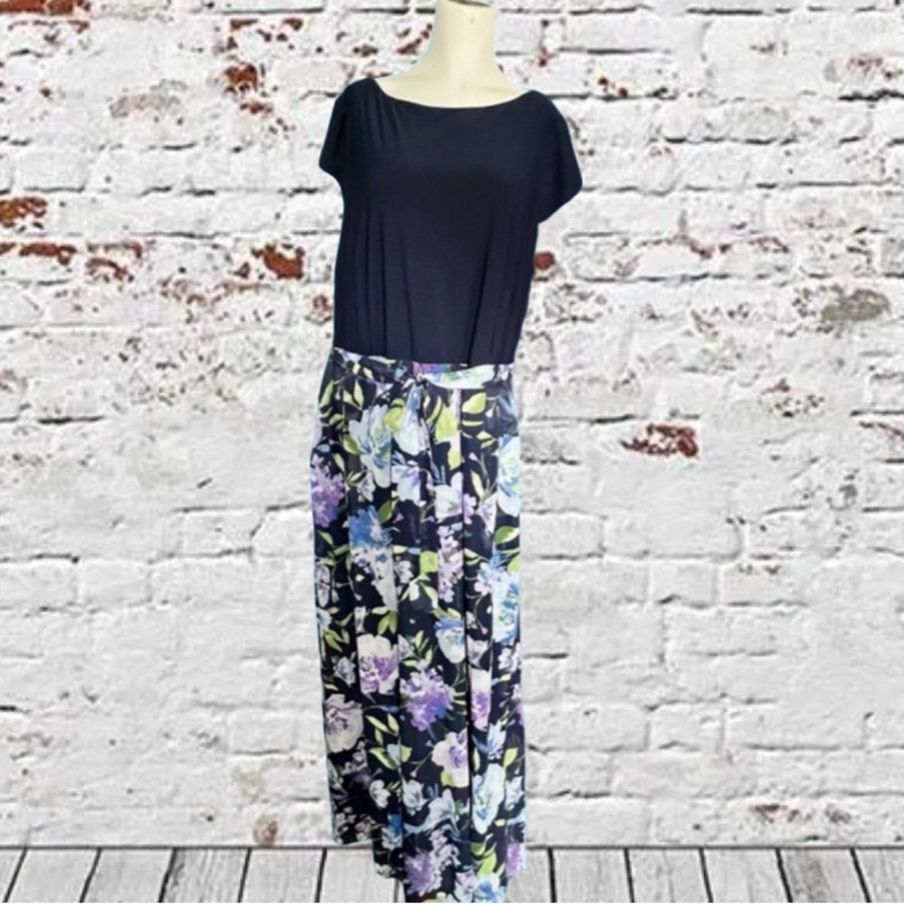 SLNY Size 18 Floral Maxi Dress Navy Bodice Short Sleeve Formal Wedding Guest NWT